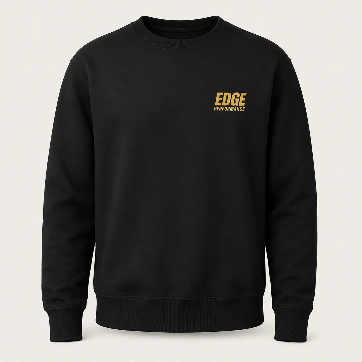 Black EDGE crewneck sweatshirt with small gold chest wordmark