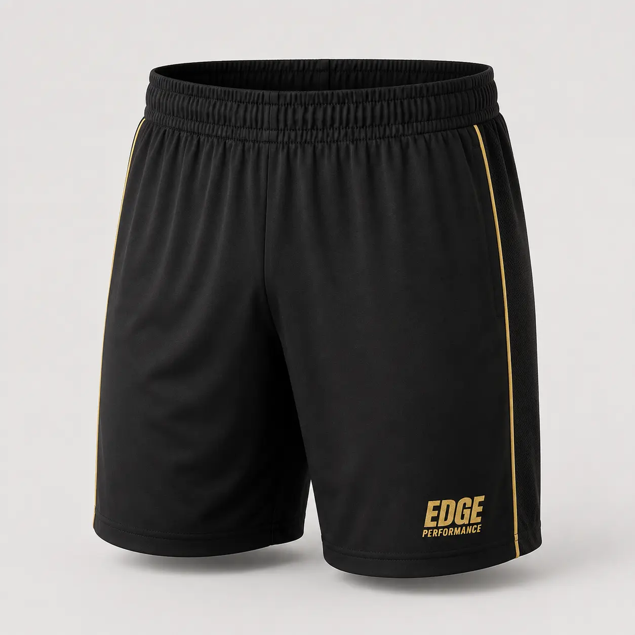 Black EDGE performance shorts with gold piping and thigh wordmark