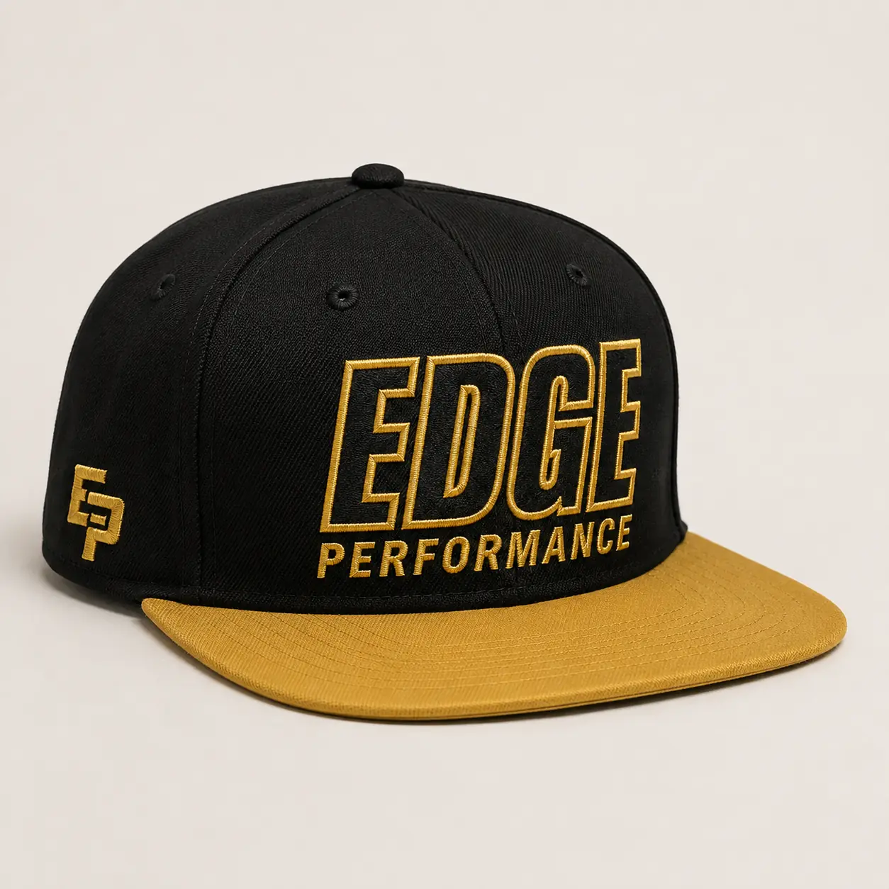 Black EDGE Performance snapback with gold flat brim