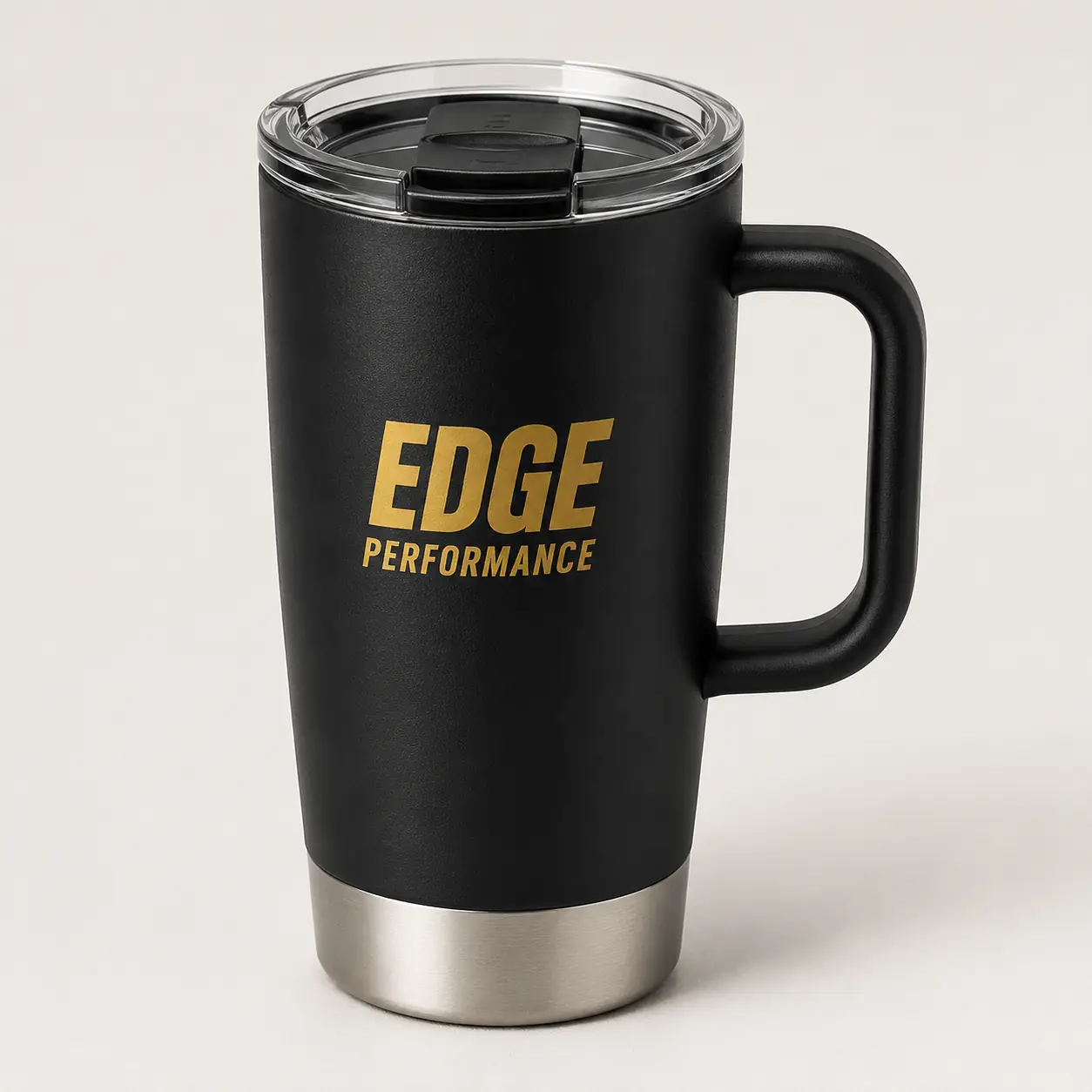 Matte black handled EDGE travel mug with stainless base