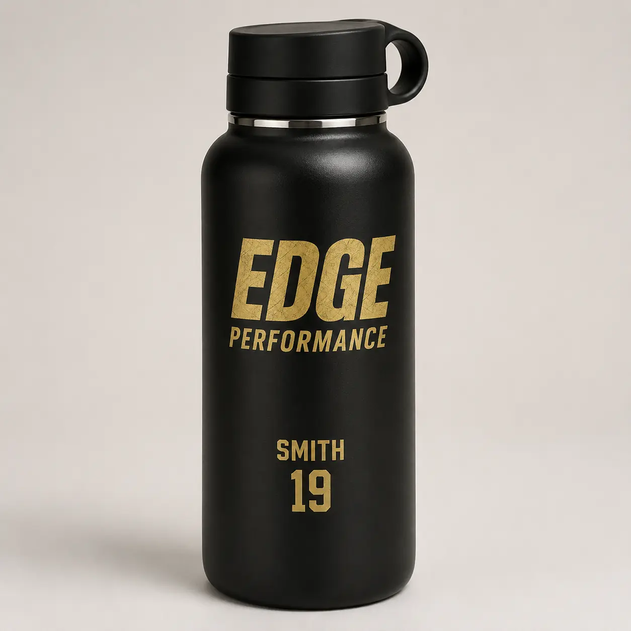 Black insulated EDGE bottle with sample name and number
