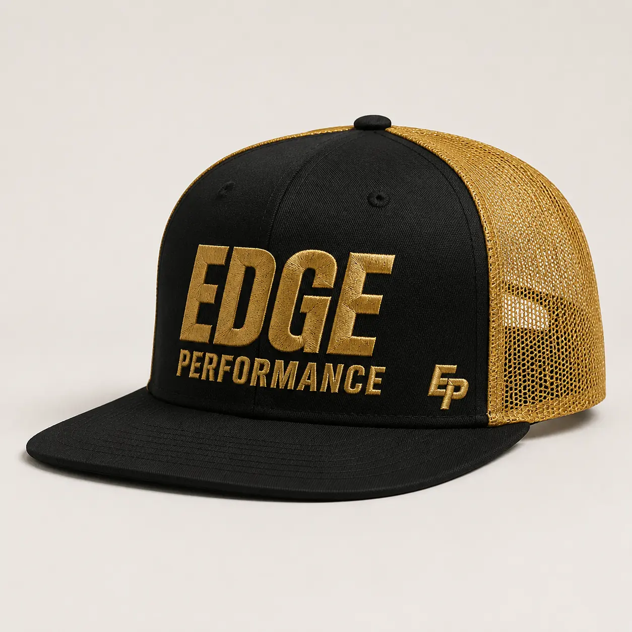 Black and gold mesh EDGE Performance trucker hat